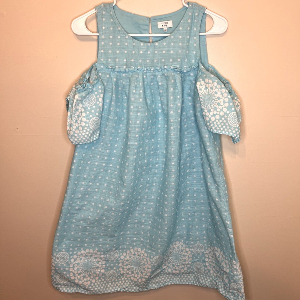 Crown & Ivy Bare Shoulder Short Sleeve Blue/White Polka Dot Dress Size M EUC